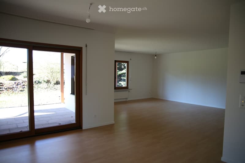 Empty room with wooden flooring, white walls, large sliding glass door leading to outdoor area, and a window with a radiator below it.