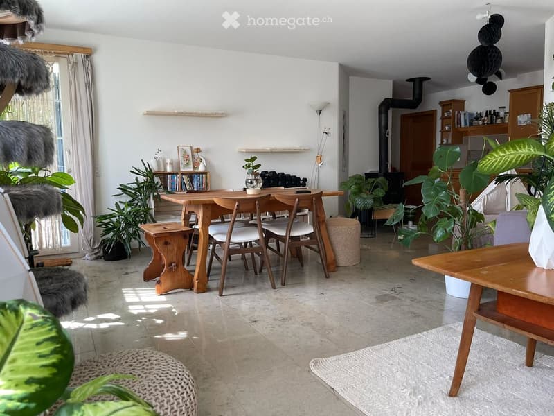 Open-plan living and dining area with wooden furniture, large plants, and natural light from large windows.
