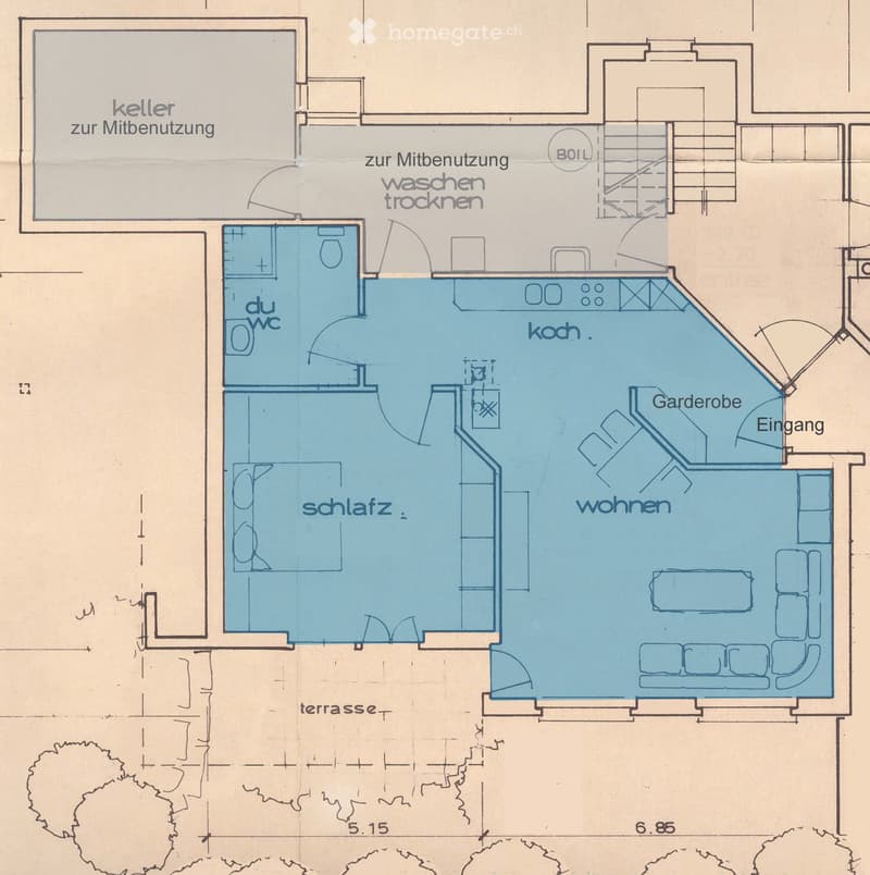Floor plan of a compact apartment with labeled areas: entrance, living room, bedroom, kitchen, bathroom, and shared laundry area. Includes a terrace and access to a shared basement.