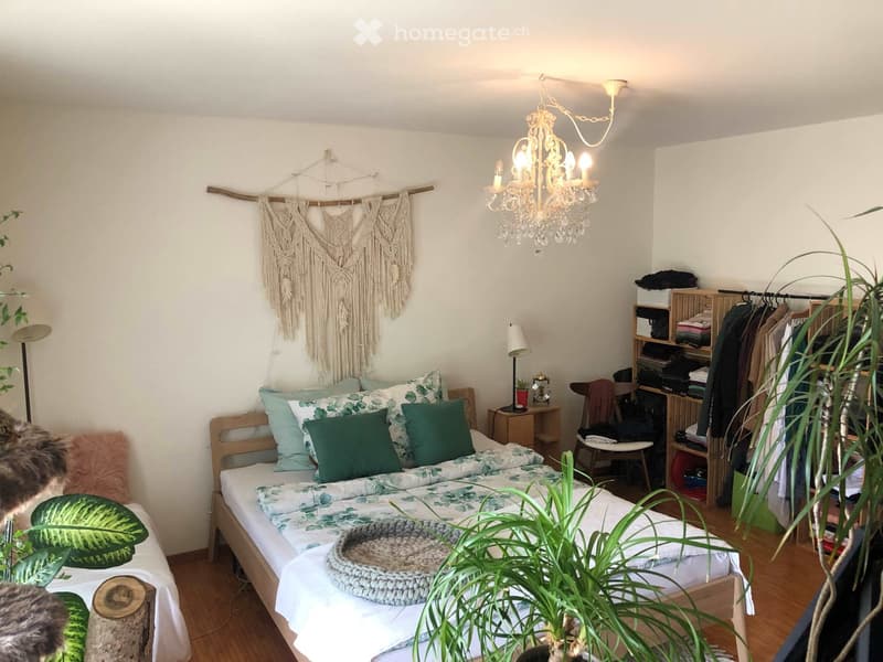 Cozy bedroom with a wooden bed, green and white bedding, a nightstand with a table lamp, a hanging macrame wall decoration, a chandelier, a wardrobe, and potted plants.