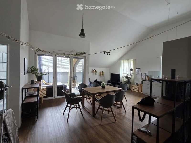 A modern, open-concept living and dining area with wooden flooring, a central dining table with chairs, a sofa, a television, and kitchen cabinets.