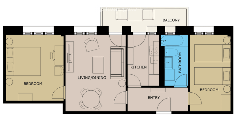 Floor plan of a 2-bedroom apartment with a living/dining area, kitchen, bathroom, and balcony.
