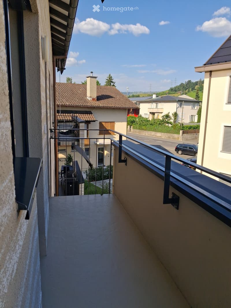 Balcony with metal railing, overlooking a street with houses and greenery in the background.