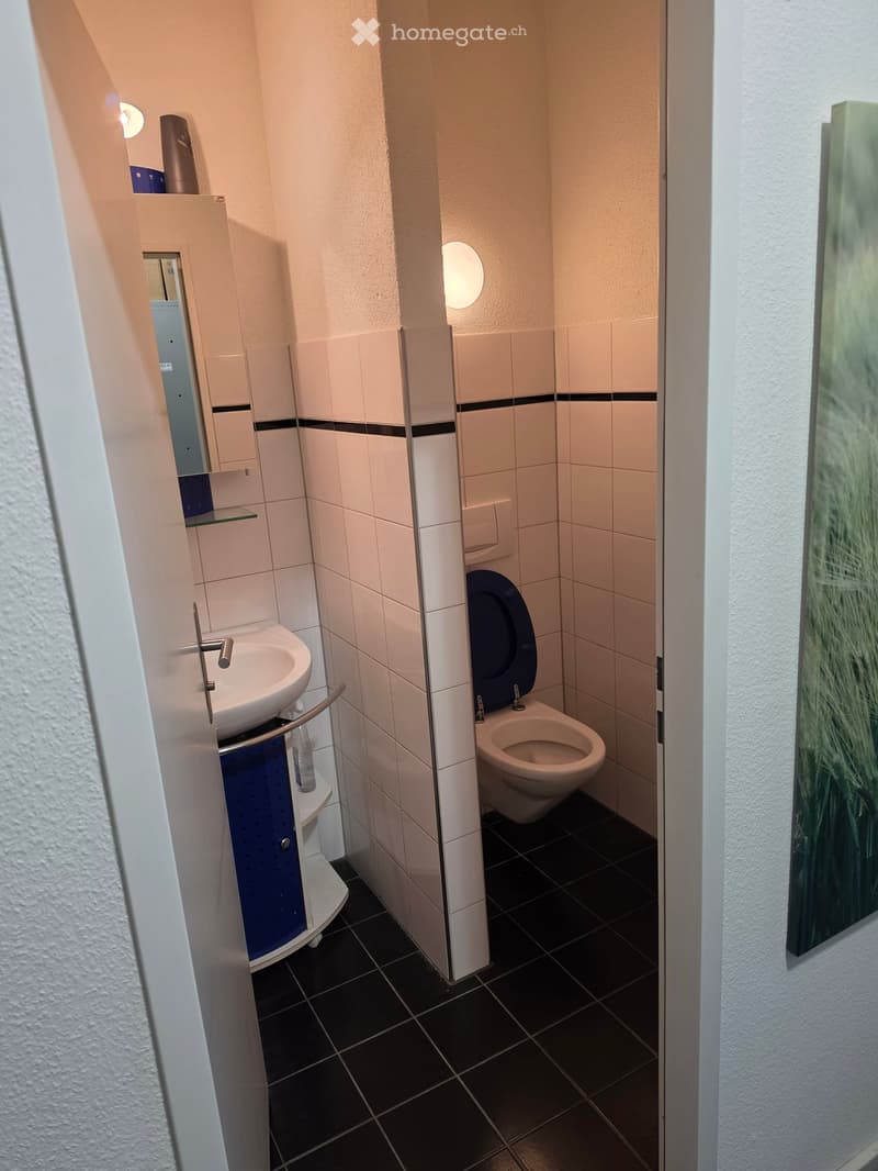 Compact bathroom with white tiles, black accents, a sink, toilet, and a small cabinet. Features a mirror and a glass shelf above the sink.