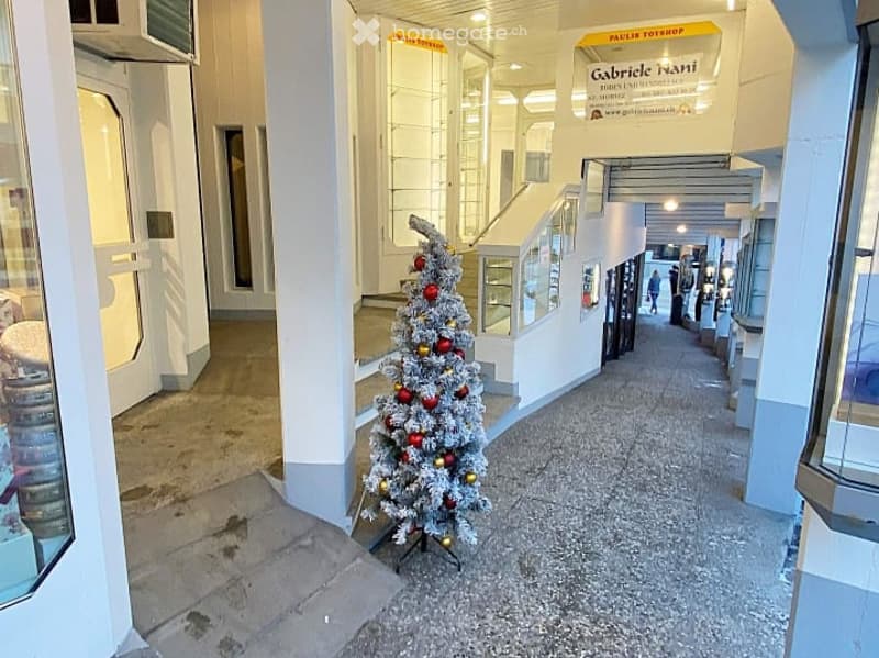 A well-lit hallway with white walls, a decorative Christmas tree in the center, and several glass display cases lining the sides.