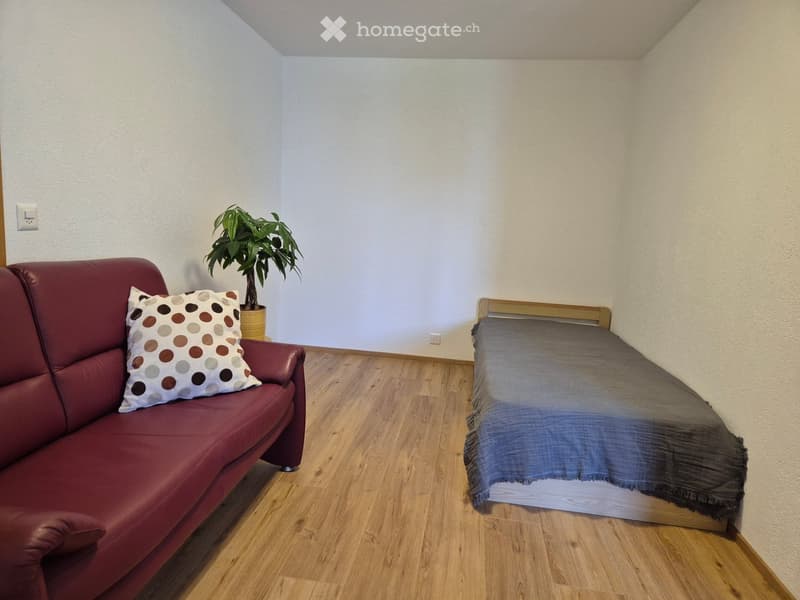 A small, furnished room with a red leather sofa, a single bed, and a potted plant. The room has wooden flooring and white walls.