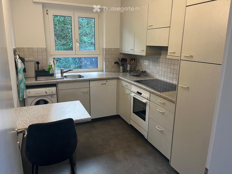 Modern kitchen with white cabinets, granite countertops, and stainless steel appliances including a dishwasher and washing machine. Features a central island with a chair, a sink with a faucet, and various kitchen utensils.