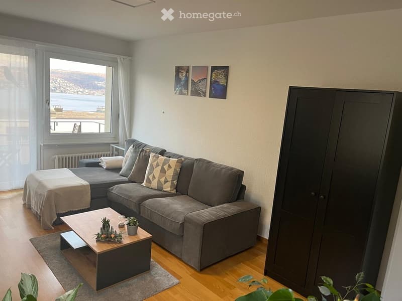 Modern living room with a grey sectional sofa, coffee table, armchair, and a large window offering a scenic view of the water and mountains.