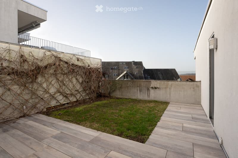 A small, paved outdoor area with a grassy patch, surrounded by modern buildings and a climbing vine on one wall.