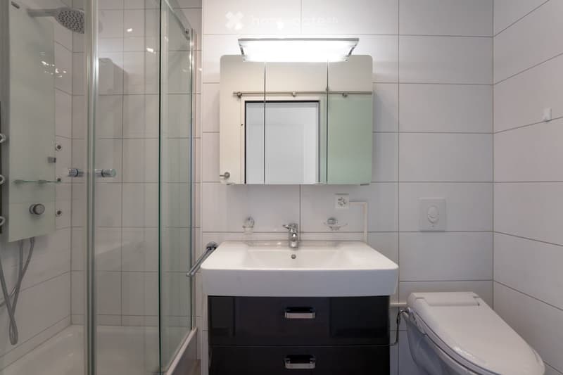 Modern bathroom with white tiles, a glass-enclosed shower, a white sink with a mirrored cabinet, and a toilet.