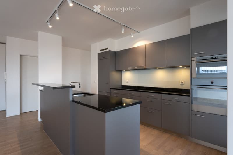 Modern kitchen with grey cabinets, black countertops, stainless steel appliances, and a central island with a sink.