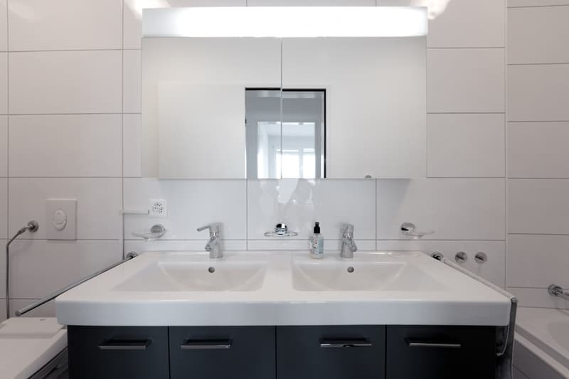 Modern bathroom with double sink, sleek faucets, large mirror, and built-in cabinets.