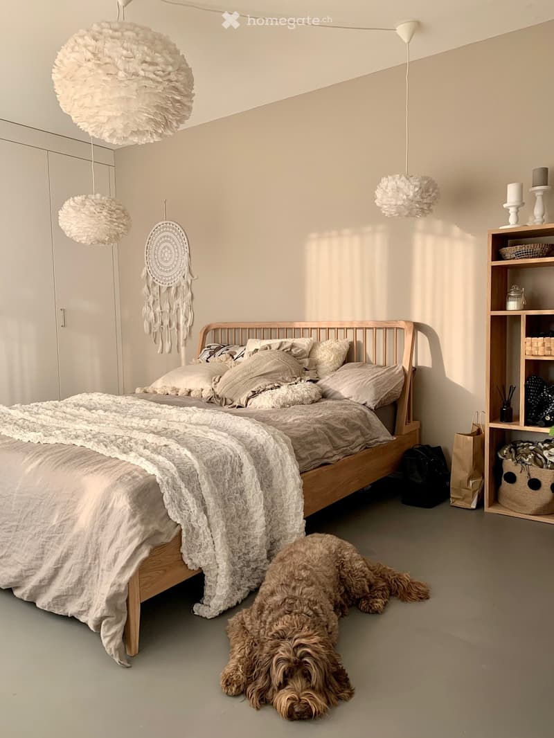 A modern, minimalist bedroom with a wooden bed, soft bedding, a hanging dreamcatcher, and a small dog resting on the floor.