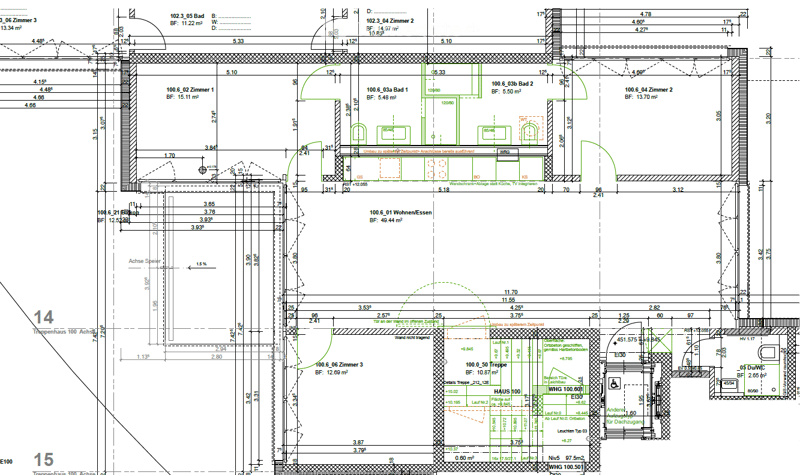 Floor plan of a multi-room residential unit with labeled rooms, dimensions, and floor levels. Includes living spaces, bedrooms, bathrooms, and utility areas.