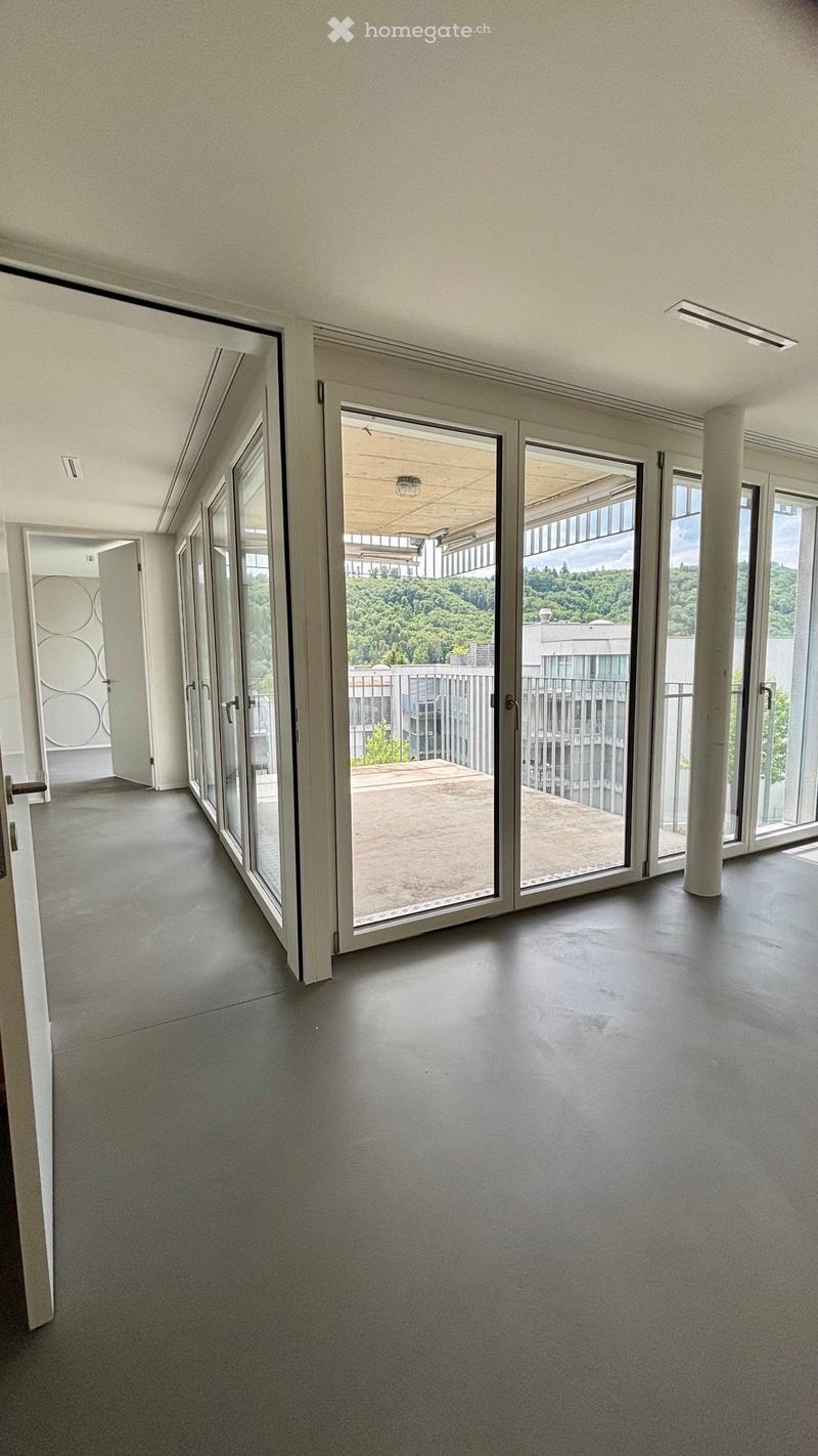 Empty room with grey concrete floor, large sliding glass doors leading to a balcony, white walls, and modern lighting fixtures.