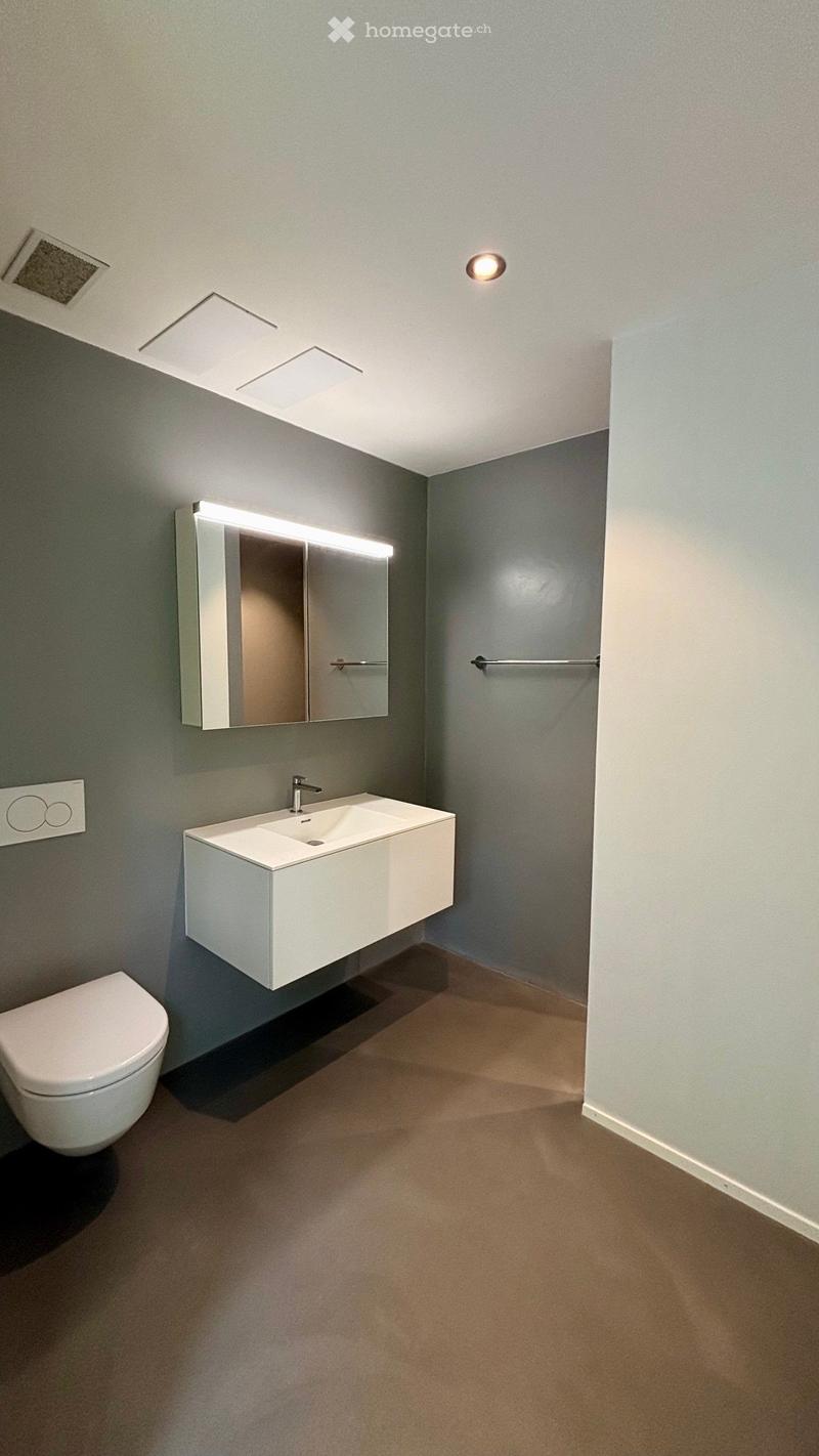 Modern bathroom with a white sink, toilet, and mirrored cabinet illuminated by LED lighting. Grey walls and a beige carpeted floor.