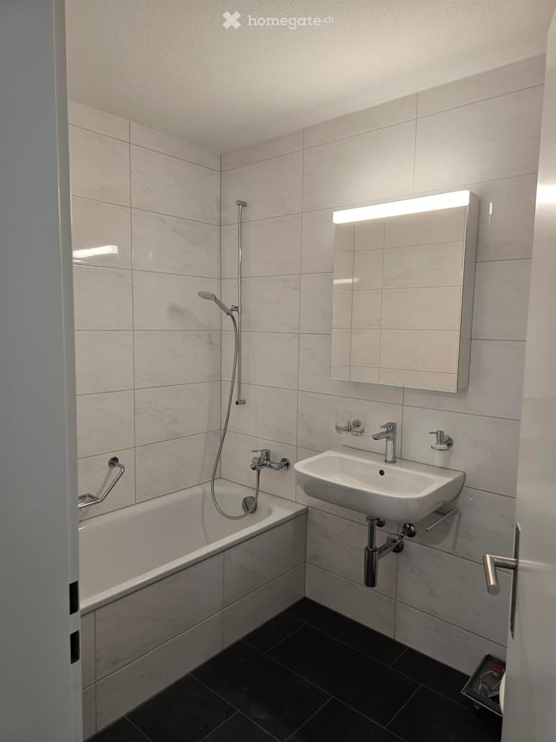 Modern bathroom with a bathtub, sink, mirror, and showerhead. The walls are tiled in light grey, and the floor is dark grey.