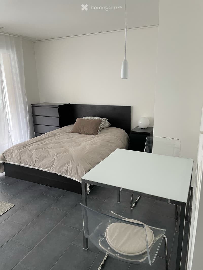Bedroom. Modern bedroom with a double bed, nightstand, desk, and chair. Features a sleek design with dark wood furniture and a minimalist aesthetic.