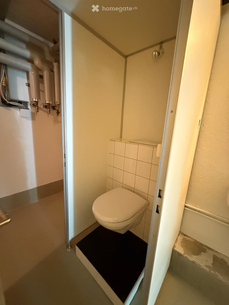 Small bathroom with a toilet, tiled walls, and a dark floor mat in front of the toilet.