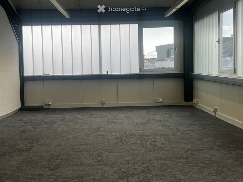 Large empty room with large windows, ceiling lights, power outlets on the walls, and gray floor