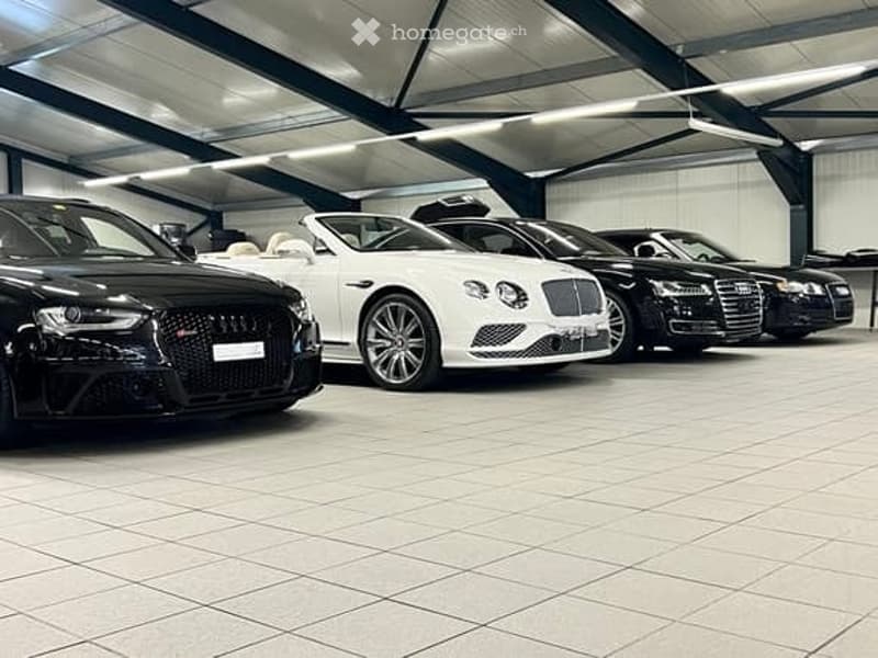 {"visible_features": ["Garage"], "type": "Garage", "objects": [], "description": "Clean, spacious garage with multiple luxury cars parked inside, including a black Audi, white convertible, and several Bentley models. The garage features a high ceiling wit