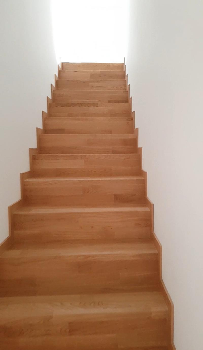 Wooden staircase with open risers and handrails, leading upwards against a white wall.