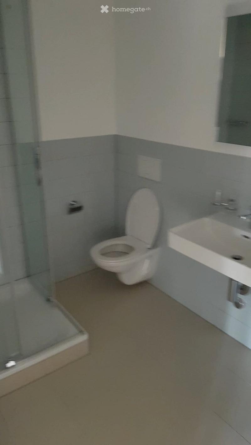 Small bathroom with a toilet, sink, and mirror. The walls are painted in two tones, with a darker lower half and a lighter upper half. The floor is tiled.