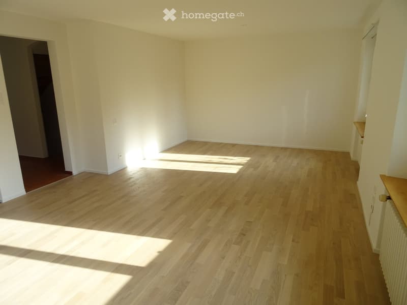 Empty room with light wooden flooring and white walls, featuring a small shelf and radiator on the right side.