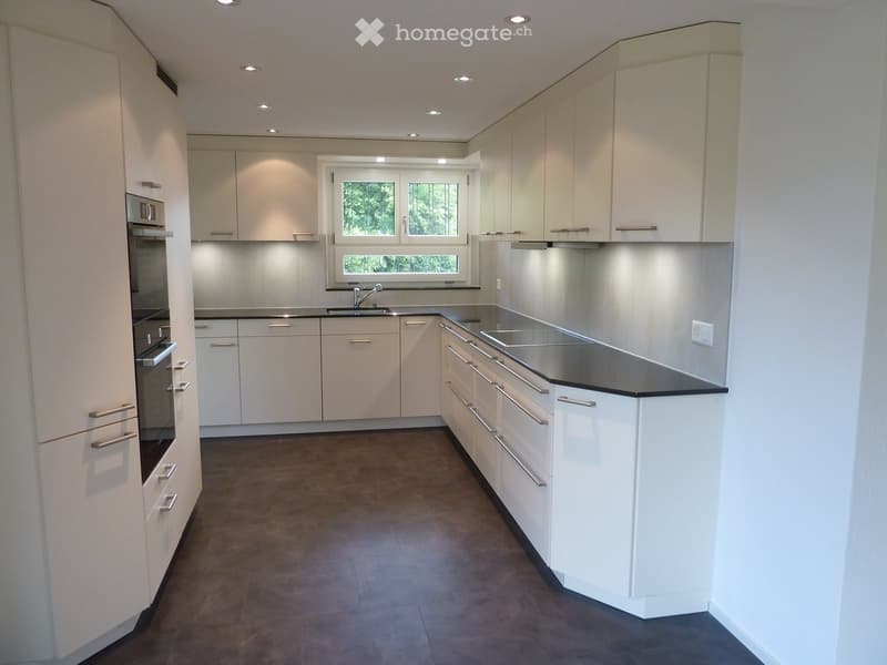Modern kitchen with white cabinets, stainless steel sink, and built-in oven. Features a large window and recessed lighting.