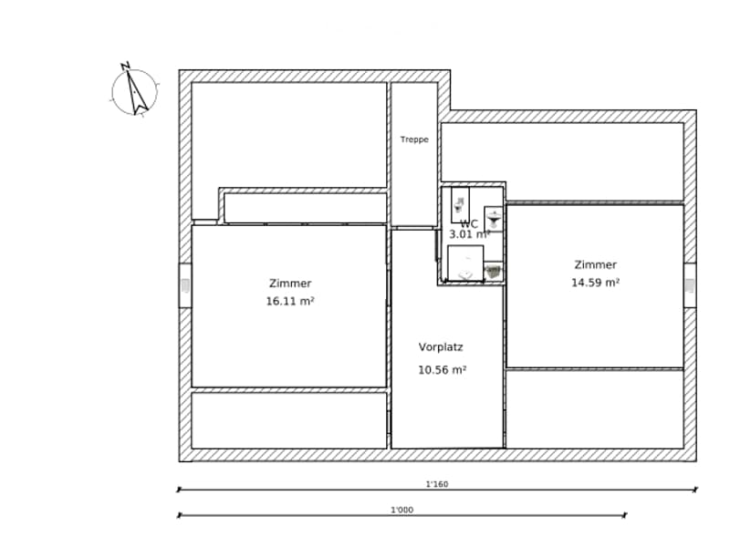 Floor plan showing a room (16.11 m²), a hallway (10.56 m²), another room (14.59 m²), a staircase, and a bathroom (3.01 m²).