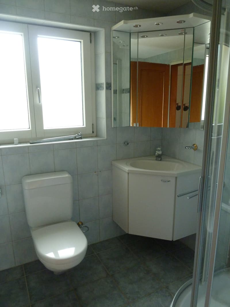 Modern bathroom with white tiles, a toilet, a sink with a cabinet, a large mirror, and a shower area with a glass enclosure.