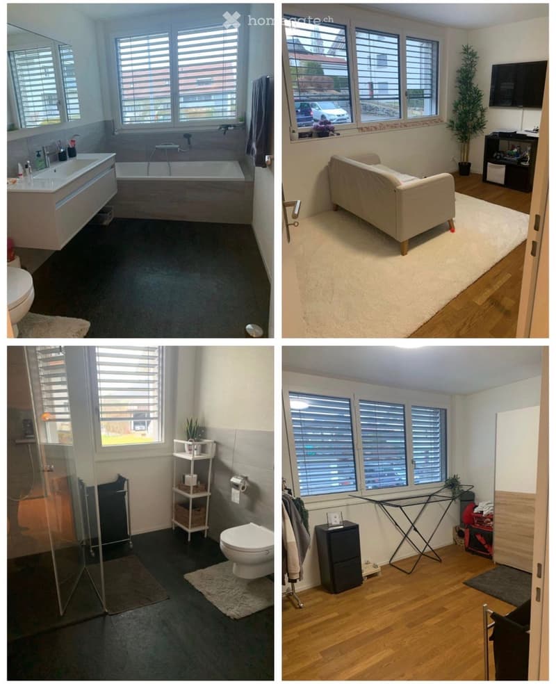 Four images showing a modern living room with a sofa, TV, and potted plant, and three bathrooms with various fixtures including a sink, bathtub, toilet, shower, shelf, and ironing board.