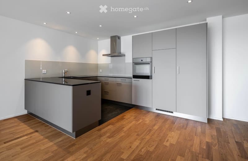 Modern kitchen with sleek grey cabinets, a black countertop, a stainless steel oven, and a range hood. The floor is made of polished wood.