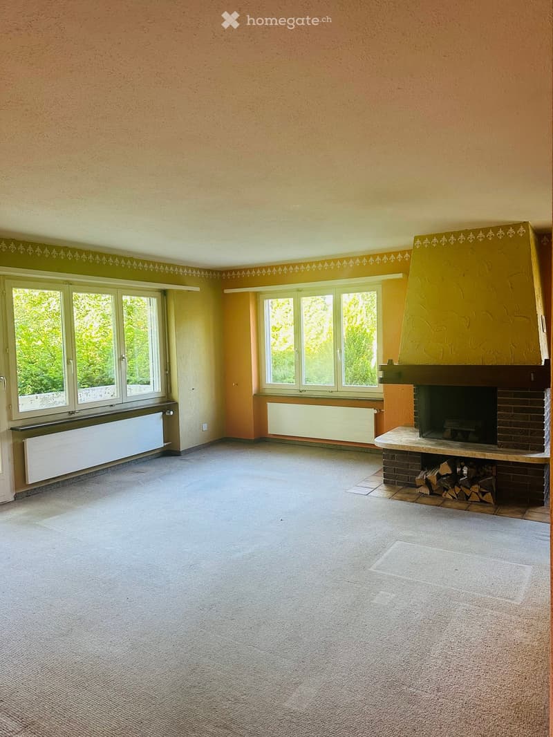 Empty room with carpeted floor, fireplace with wood stack, large windows, radiator, decorative border on walls.