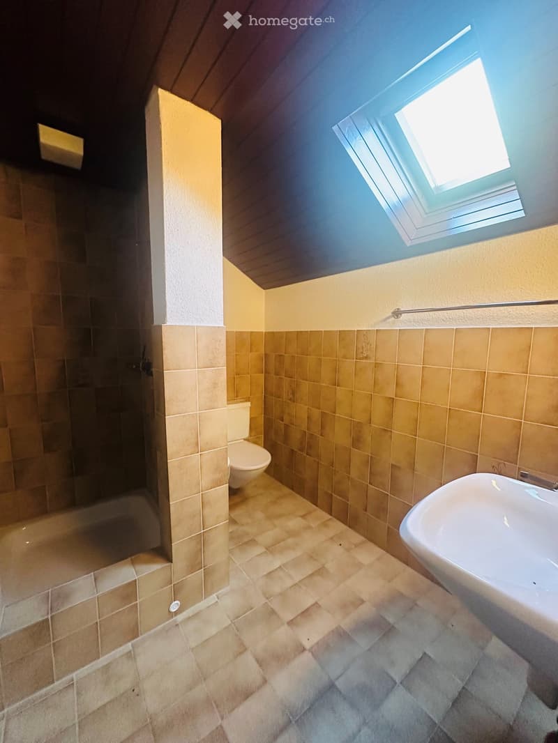 Bathroom with beige tiles, a toilet, a sink, and a shower area. Features a skylight window and a towel rack.