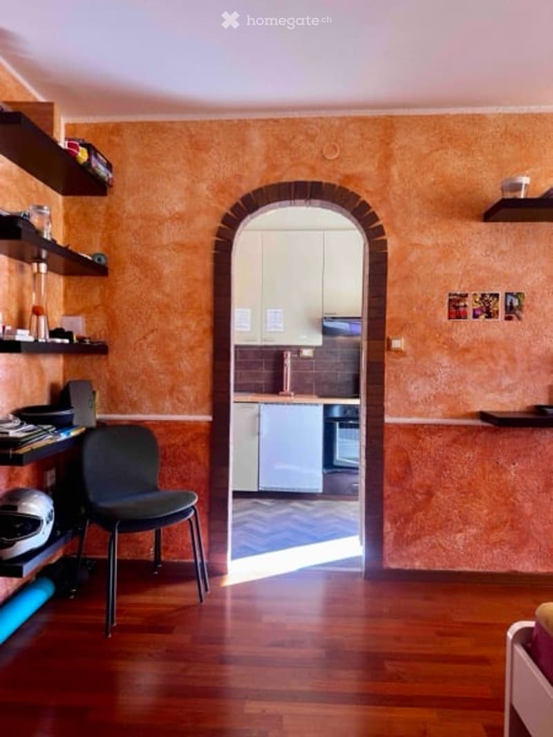 A cozy living space with a wooden floor, orange textured walls, and an open kitchen area visible through an arched doorway. The room features a black chair, wall-mounted shelves, and a small kitchen with white cabinets and stainless steel appliances.