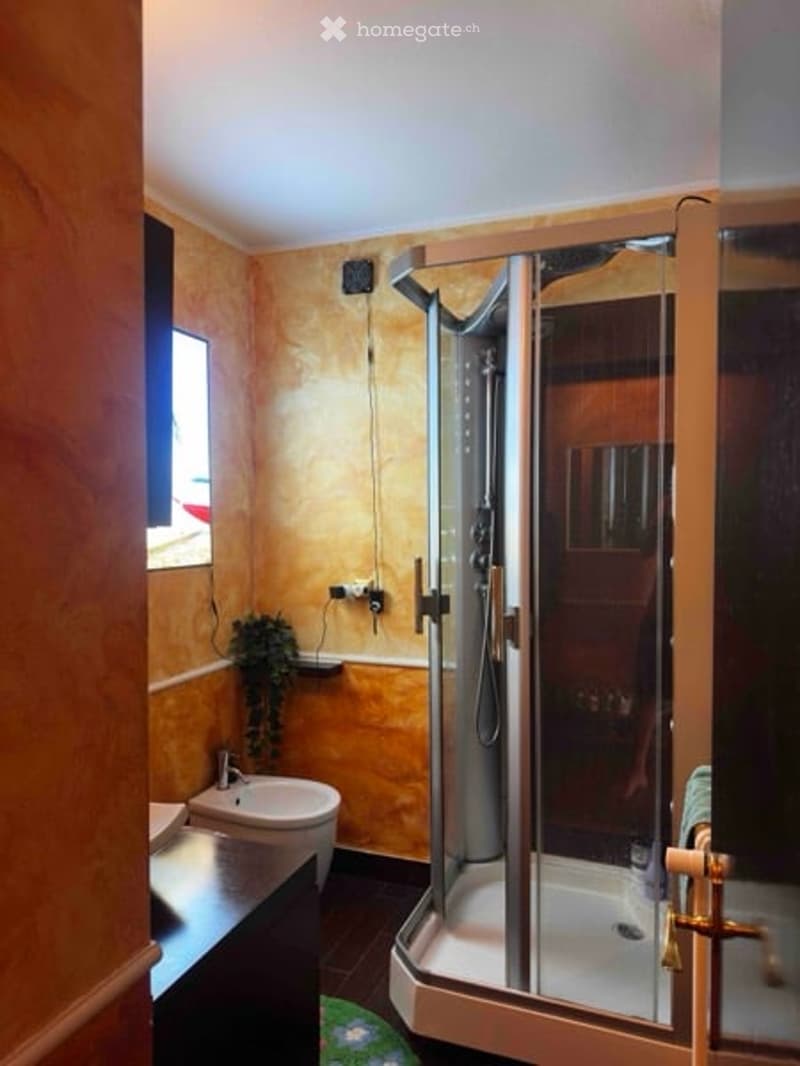 Modern bathroom with a glass-enclosed shower stall, a sink with a faucet, and a small plant on the windowsill.