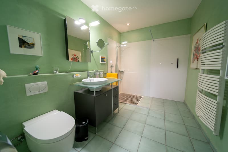 Modern bathroom with green walls, white tiled floor, a toilet, a sink with a modern faucet, a large mirror, a towel rack, and framed pictures on the walls.