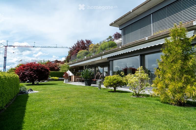 Well-maintained garden with green lawn, trimmed hedges, and various trees, including a red maple and a conifer. A modern house with large windows and a balcony is visible in the background.