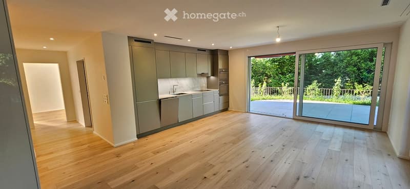 Modern kitchen with light grey cabinets, wooden flooring, and a large sliding glass door leading to an outdoor area.