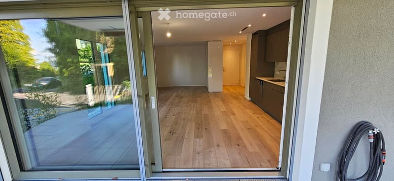 Open hallway with wooden flooring, leading to a kitchen area with cabinets and a sink. Large glass sliding doors provide access to an outdoor area with greenery visible.
