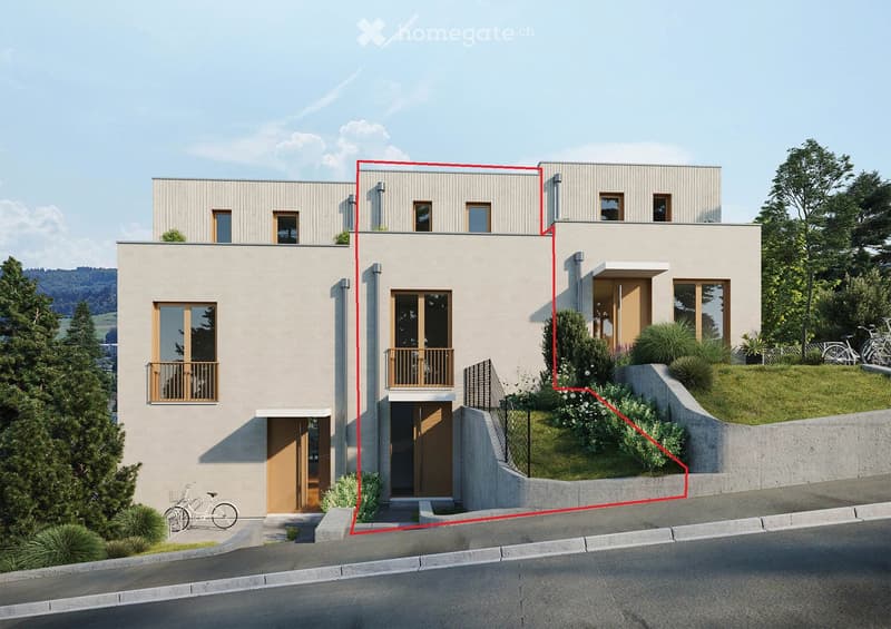 Modern two-story house with beige and light brown exterior, large windows, balconies, and a raised ground floor with landscaped garden and bicycles.