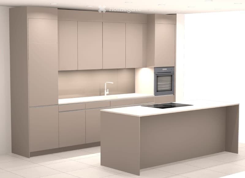 Modern kitchen with light grey cabinetry, a central island, and built-in appliances including an oven and a faucet.