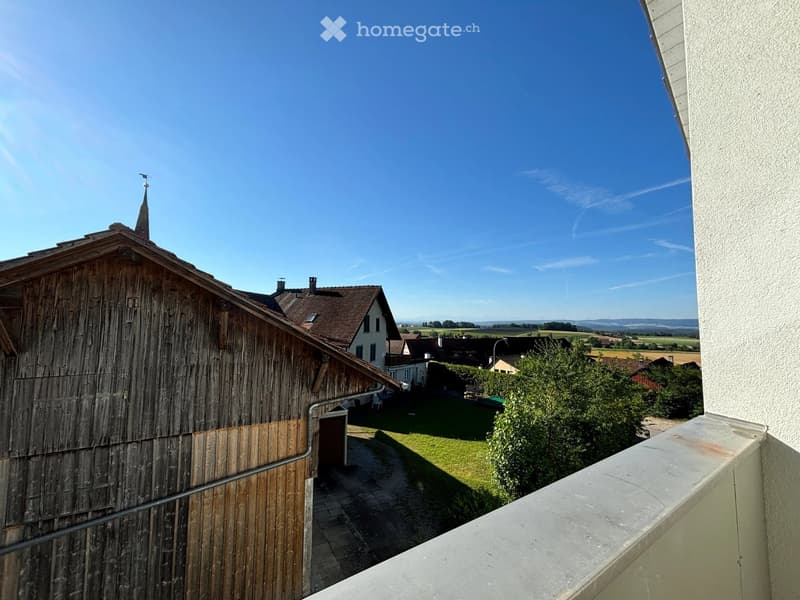 Balcony overlooking a rural landscape with a wooden barn, houses, and open fields under a clear blue sky.