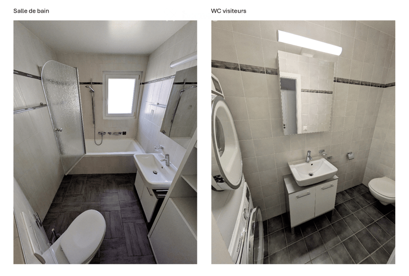 Two bathrooms: one with a bathtub, shower stall, sink, and toilet; the other with a sink, toilet, and mirror. Both have tiled walls and floors.