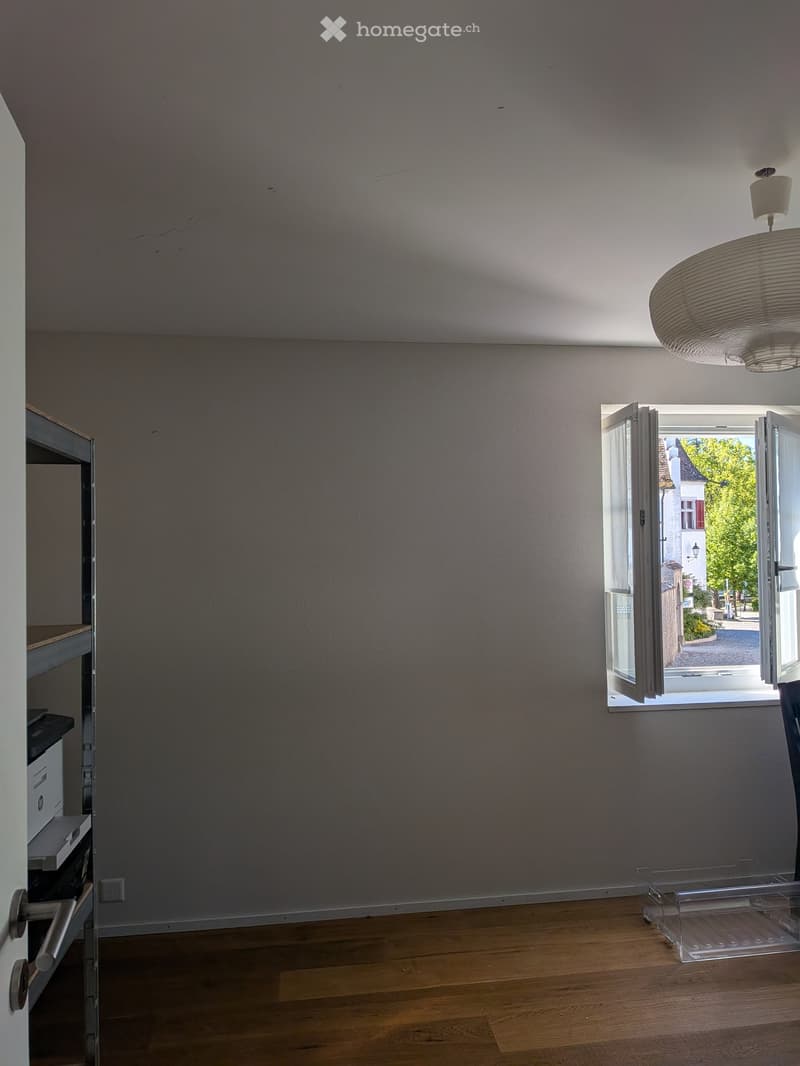 Empty room with wooden flooring, white walls, and a large window with open shutters. A small shelf unit is visible on the left side.