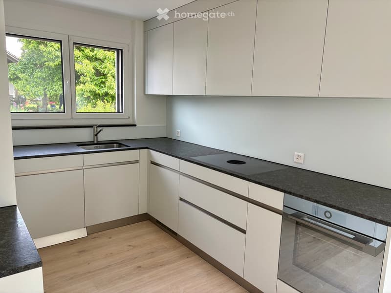 Modern kitchen with white cabinets, dark countertops, and a wooden floor. Features a sink, faucet, and built-in oven.