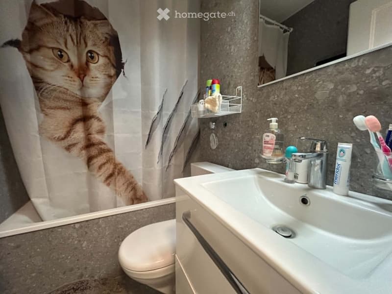 Bathroom with a double sink, toilet, mirror, and a shower curtain featuring a cat design. The sink has a modern faucet and various toiletries, including toothpaste and a toothbrush, placed on the counter.