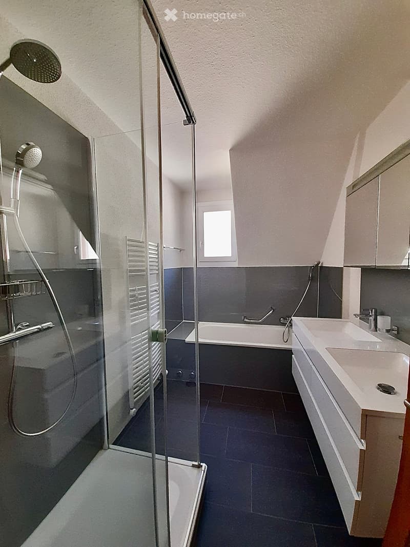 Modern bathroom with a bathtub, sink, and walk-in shower with glass enclosure. Features dark tiles and white fixtures.