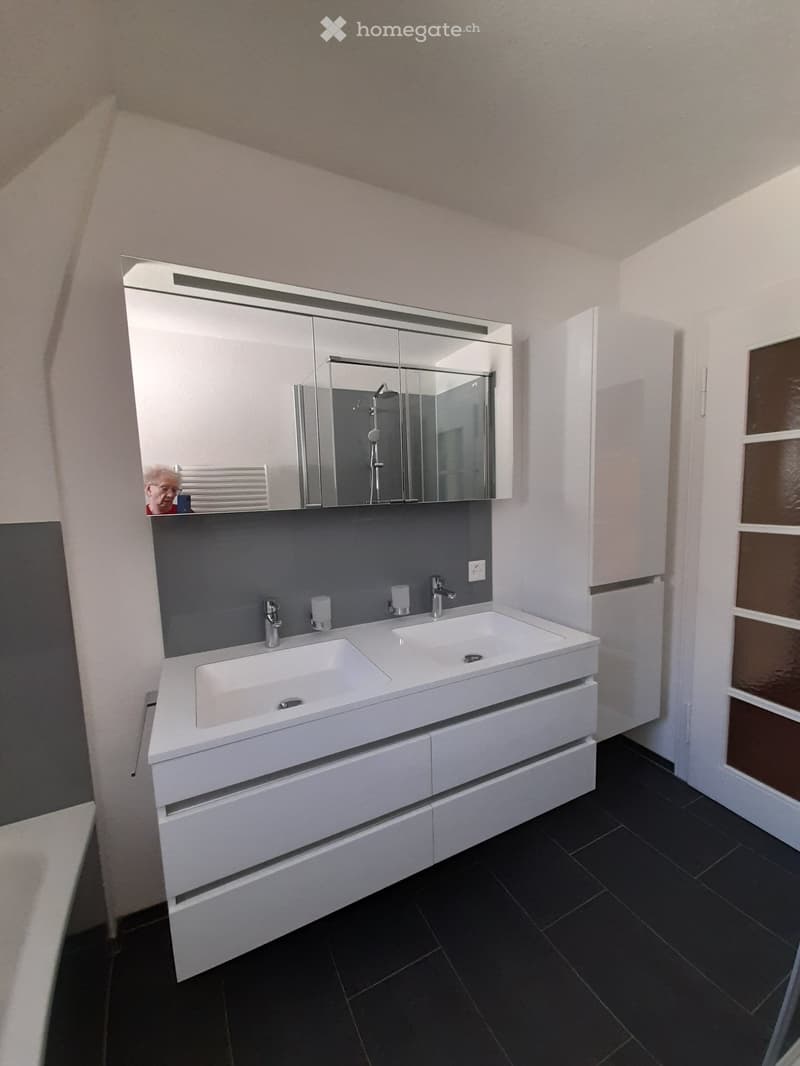 Modern bathroom with double sink vanity, large mirror, and sleek fixtures.